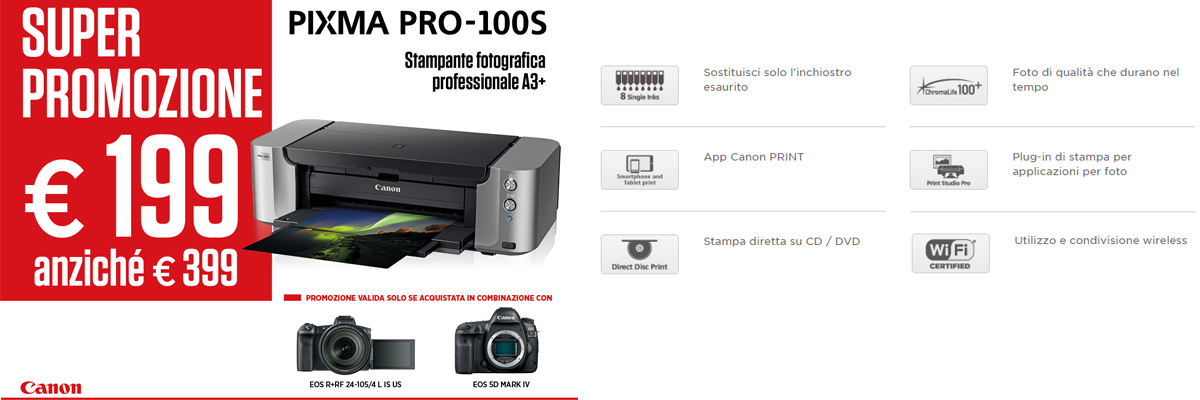 Promozione stampante fotografica A3+ Canon Pixma Pro 100S